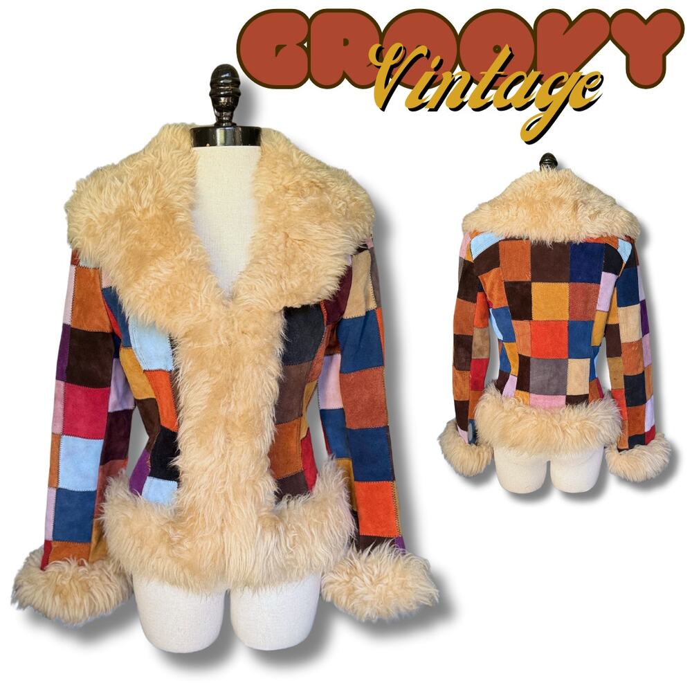 SOLD---VTG 70s Patchwork Suede Penny Lane Afghan Jacket Hippie Boho Fall Winter - Picture 1 of 13